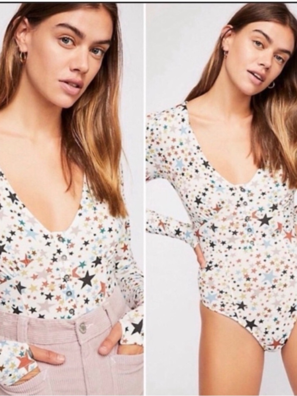 Free People Intimately Star-Print Long Sleeve V-Neck Bodysuit